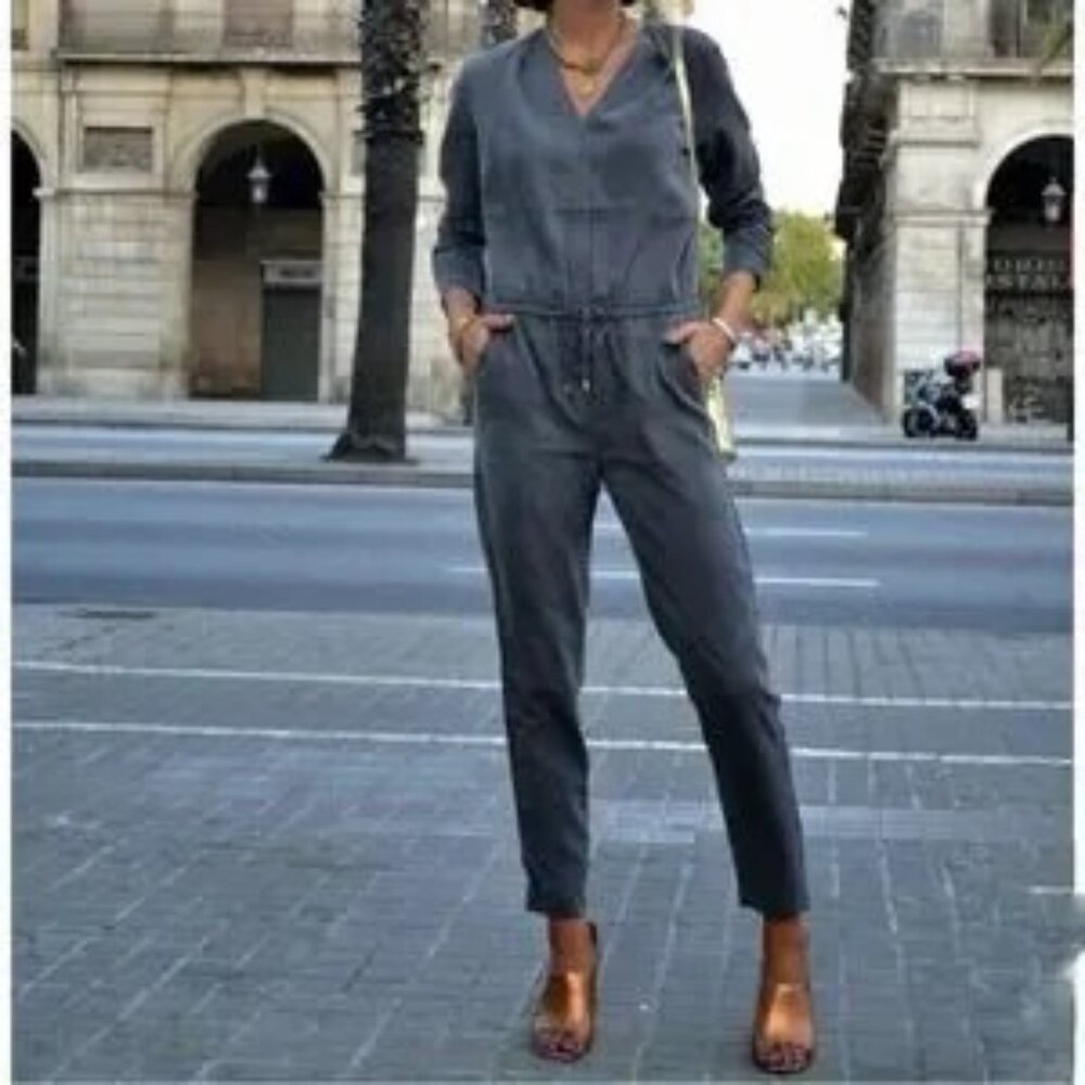 H&M Tie Waist V Neck Tencel Jumpsuit Grey 6 Long Sleeve Utility